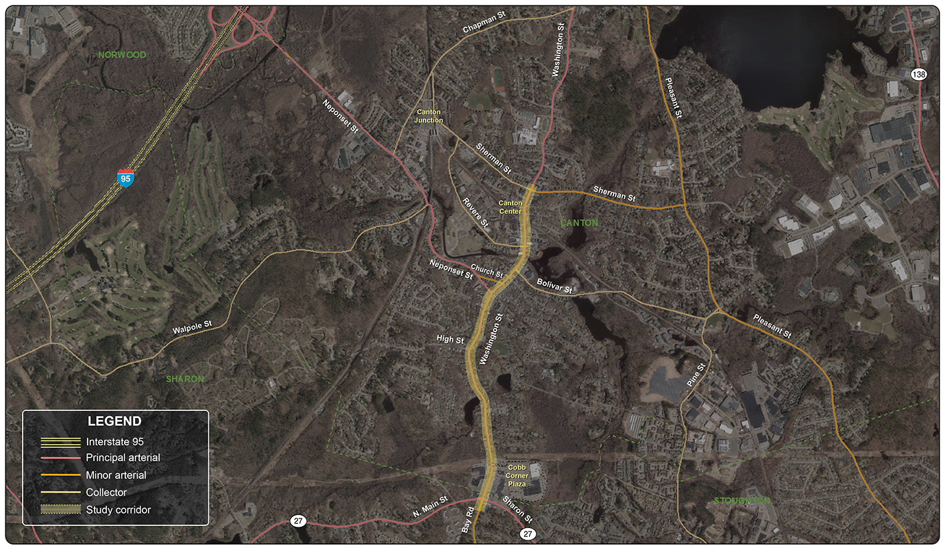 Figure 1: Study Area
An aerial image of the study area shows the highlighted Washington Street corridor, which stretches between Sherman Street in Canton to Route 27 in Sharon.